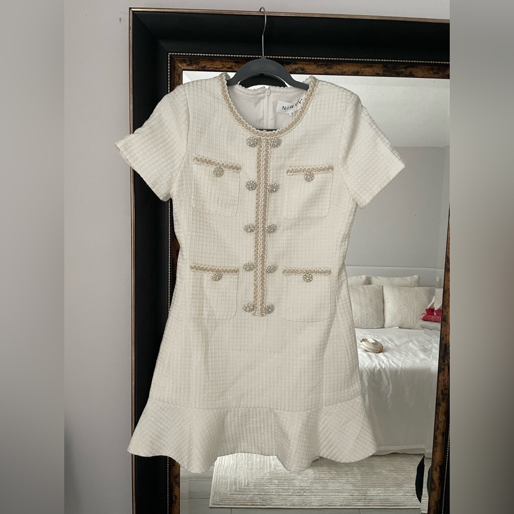 NIWIY White Tweed Rhinestone Mini Dress NWT Size S - Picture 5 of 11